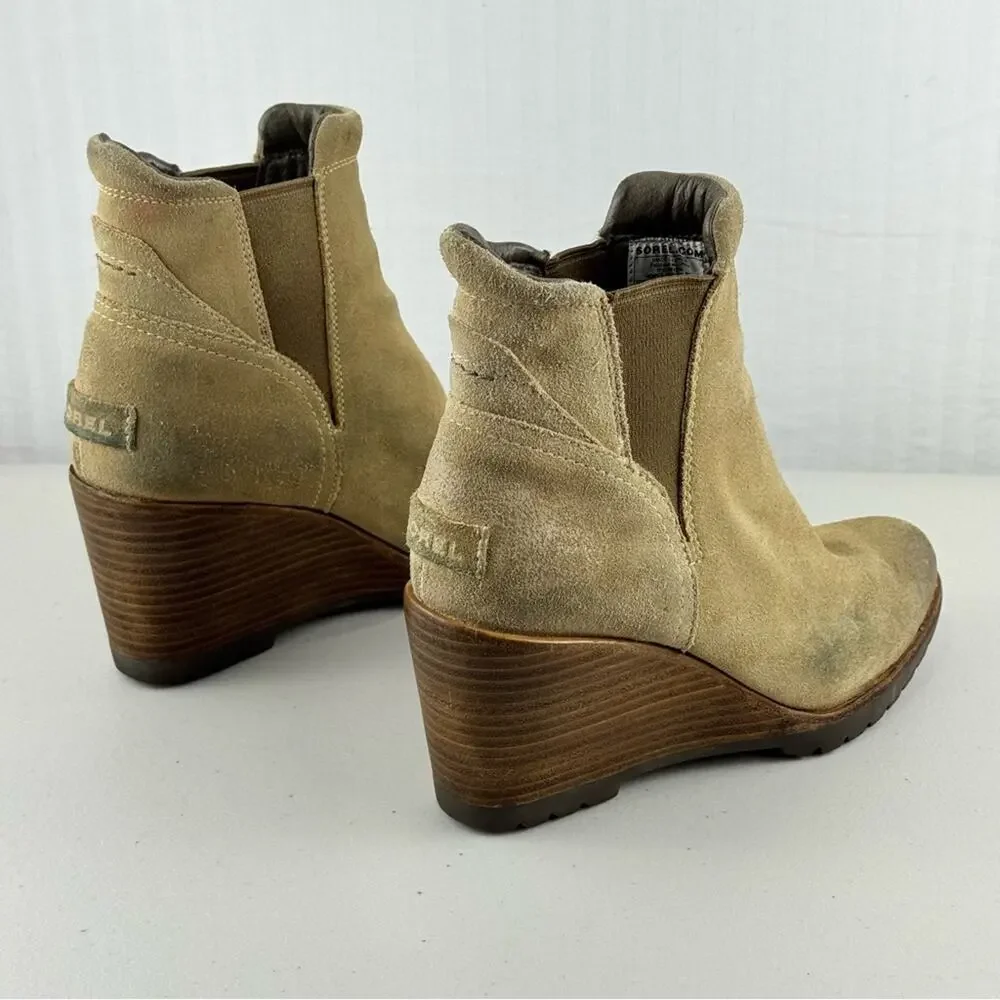 Sorel After Hours Chelsea Boot Tan Suede Wedge Ankle Boots Women’s Size 7 EUR 38